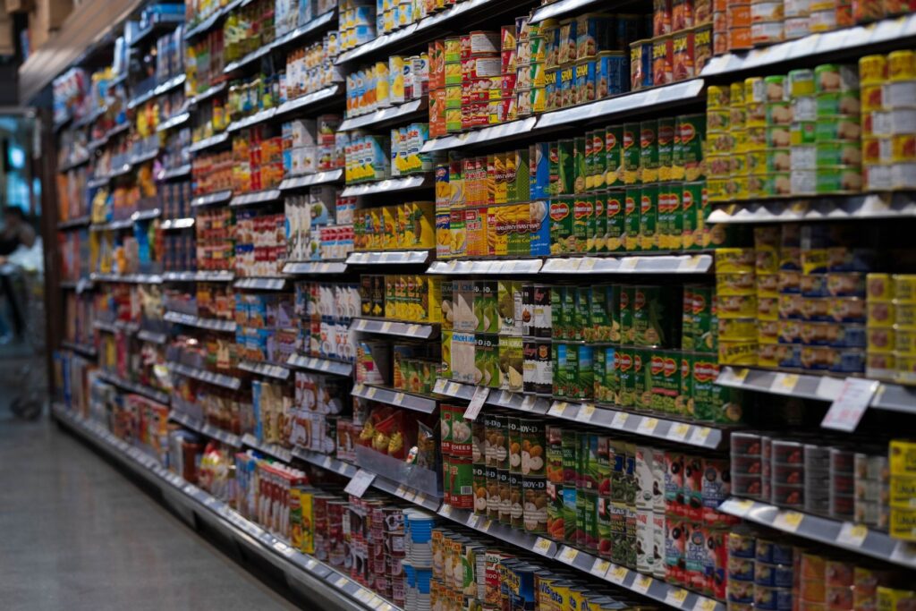 Wholesale grocery products on retail shelving